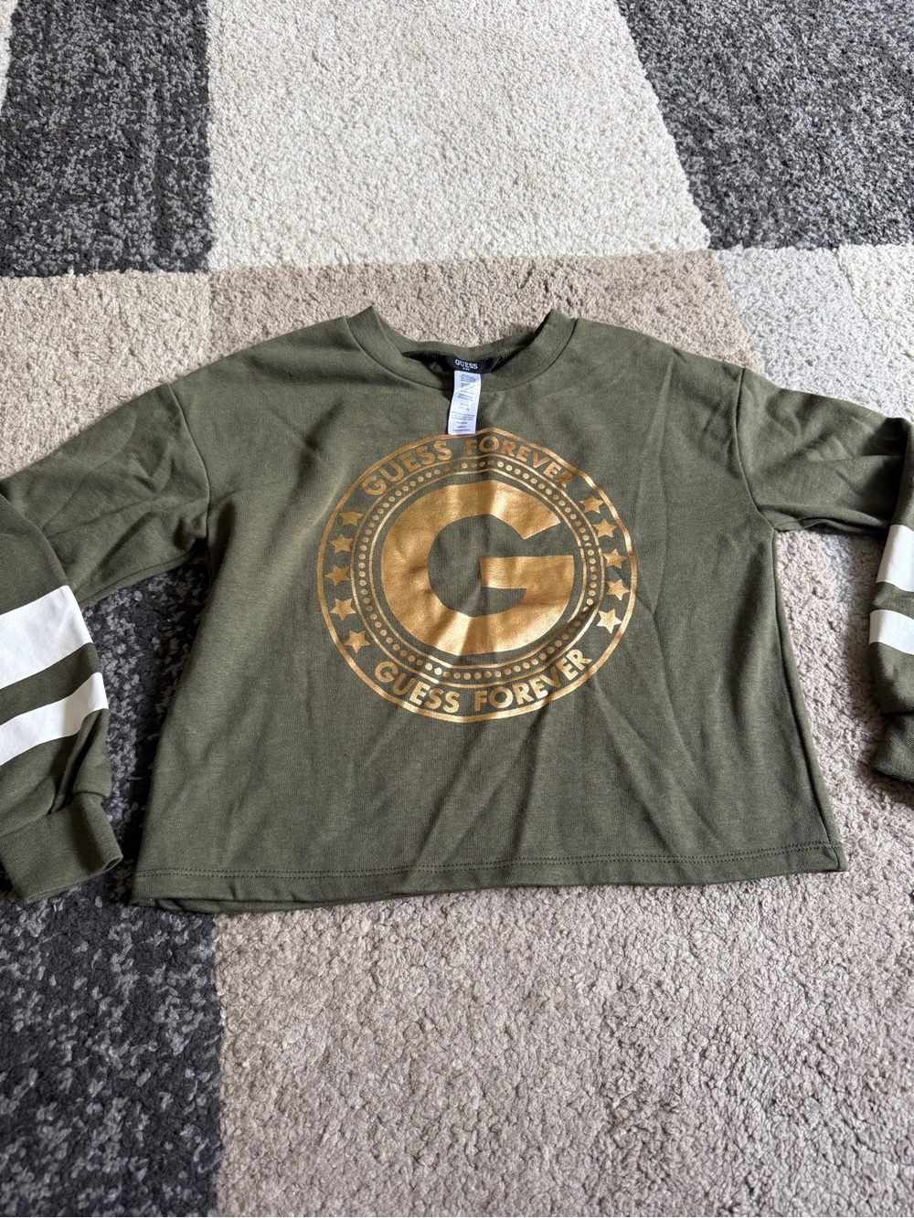 GUESS Kids Olive Green Long Sleeve Tee with Gold Logo- small 7/8
